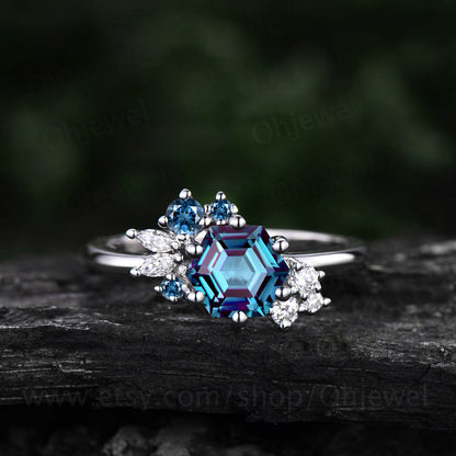 1ct Hexagon cut Alexandrite engagement ring 14k rose gold dainty cluster moissanite amethyst ring vintage unique wedding ring for women gift