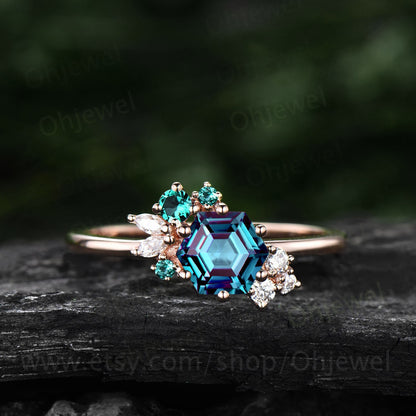 1ct Hexagon cut Alexandrite engagement ring 14k rose gold dainty cluster moissanite amethyst ring vintage unique wedding ring for women gift