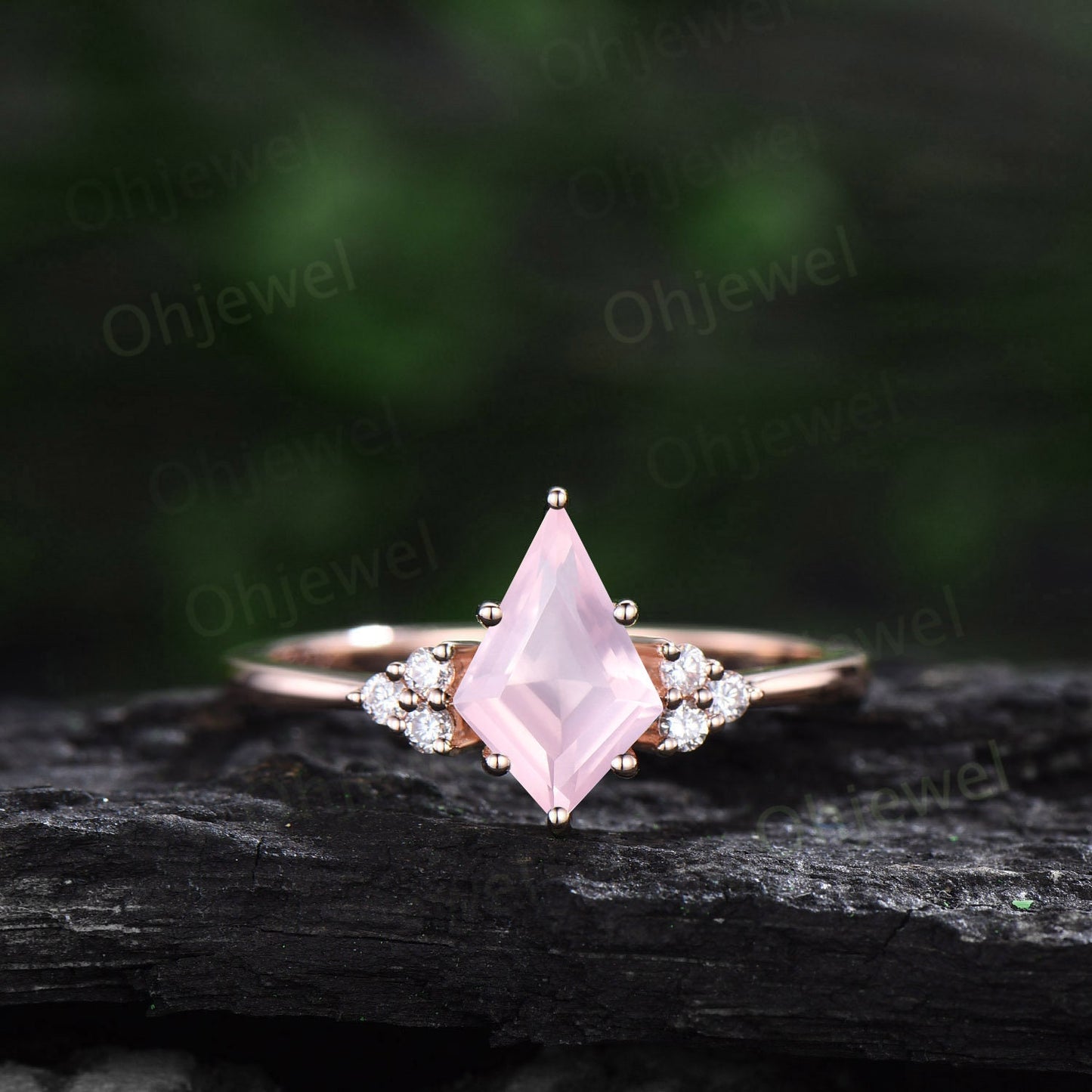 Dainty kite cut rose quartz ring rose gold unique engagement ring set solid 14k rose gold Minimalist diamond anniversary ring set women gift