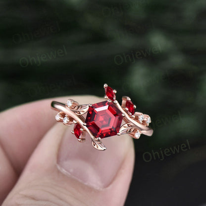 Hexagon cut red ruby engagement ring solid 14k rose gold branch leaf twig diamond ring vintage marquise cut natural ruby ring women jewelry