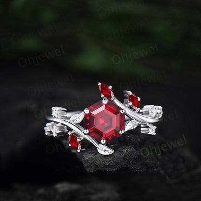 Hexagon cut red ruby engagement ring solid 14k rose gold branch leaf twig diamond ring vintage marquise cut natural ruby ring women jewelry