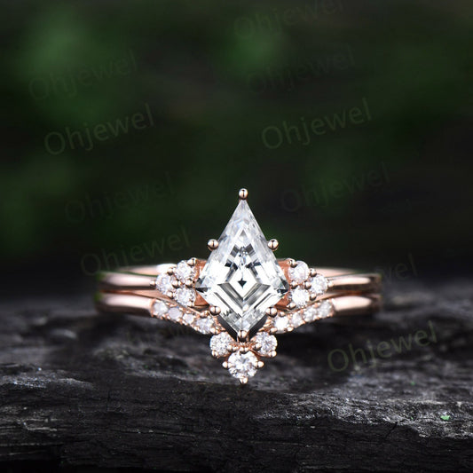 Dainty kite cut moissanite engagement ring set solid 14k rose gold Minimalist diamond ring for women unique promise bridal ring set gift