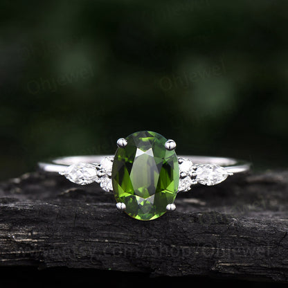 Vintage Oval cut green tourmaline ring unique engagement ring set 14k rose gold diamond ring women Celtic knot Norse Viking ring Jewelry