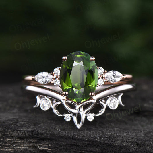 Vintage Oval cut green tourmaline ring unique engagement ring set 14k rose gold diamond ring women Celtic knot Norse Viking ring Jewelry