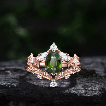 Twig oval cut green tourmaline engagement ring set 14k rose gold branch leaf diamond ring art deco unique promise wedding ring set for women