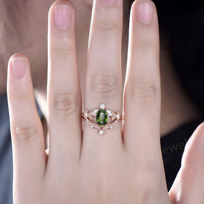 Twig oval cut green tourmaline engagement ring set 14k rose gold branch leaf diamond ring art deco unique promise wedding ring set for women