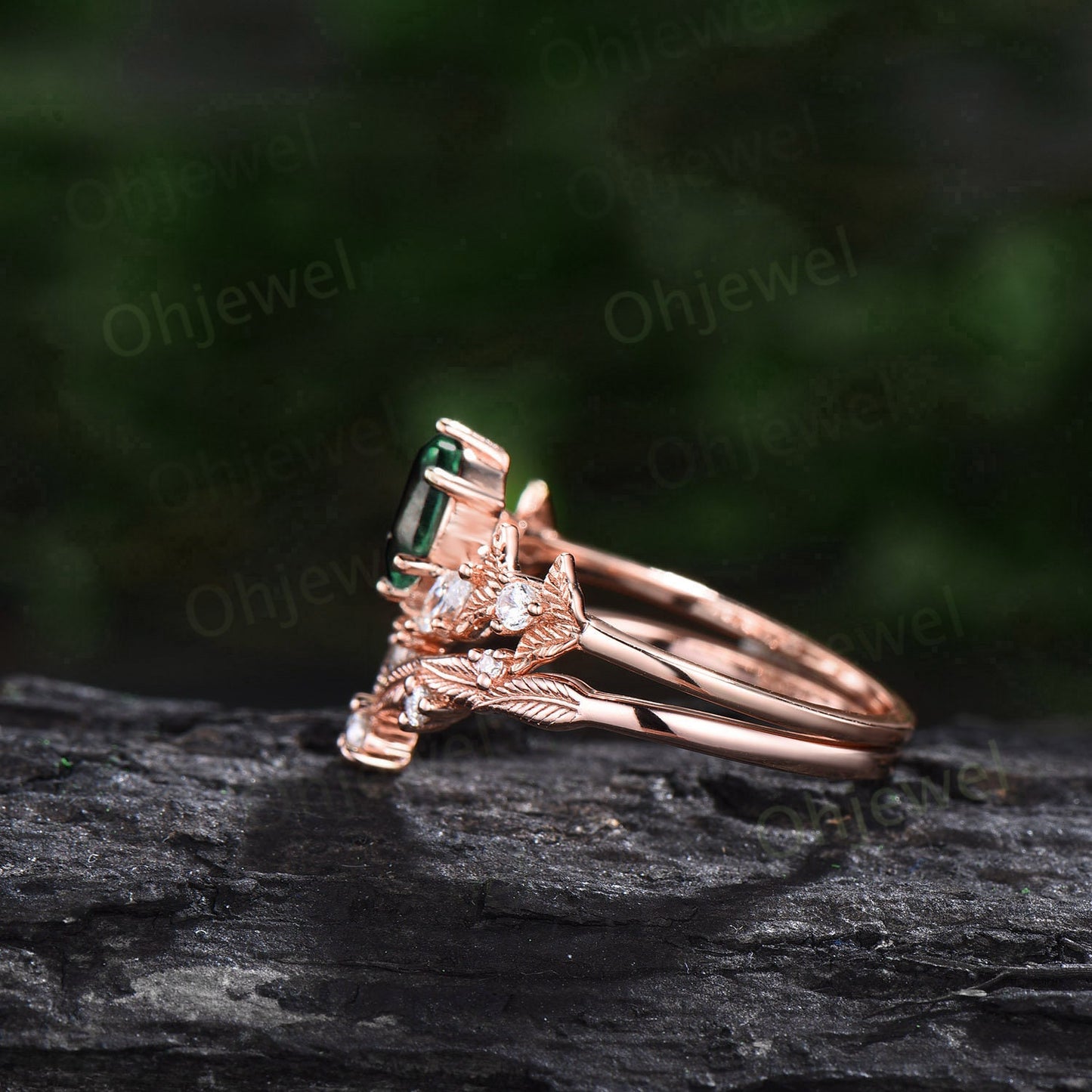 Twig oval cut green tourmaline engagement ring set 14k rose gold branch leaf diamond ring art deco unique promise wedding ring set for women
