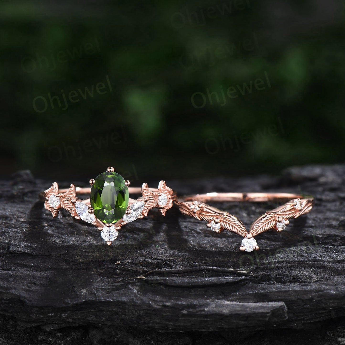 Twig oval cut green tourmaline engagement ring set 14k rose gold branch leaf diamond ring art deco unique promise wedding ring set for women