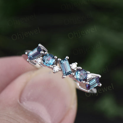 Baguette cut Alexandrite ring vintage solid 14k rose gold dainty moissanite wedding ring band women unique anniversary ring gift