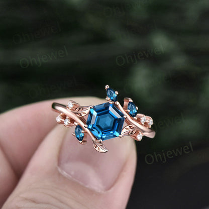 Hexagon cut London blue topaz engagement ring rose gold Nature inspired leaf twig diamond ring women cluster alexandrite ring silver gift
