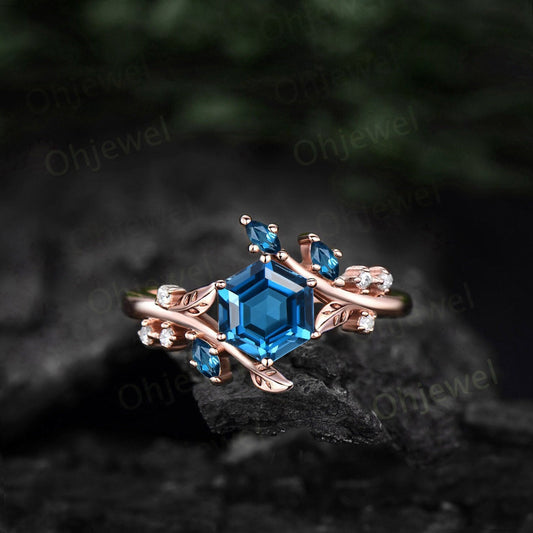Hexagon cut London blue topaz engagement ring rose gold Nature inspired leaf twig diamond ring women cluster alexandrite ring silver gift