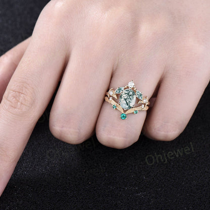 Vintage oval green moss agate engagement ring set rose gold marquise cut ring branch leaf diamond bridal anniversary ring set women gift