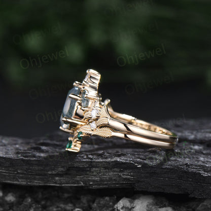 Vintage oval green moss agate engagement ring set rose gold marquise cut ring branch leaf diamond bridal anniversary ring set women gift