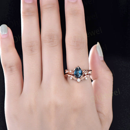 Twig pear shaped London blue topaz engagement ring five stone vintage branch leaf rose gold nature inspired diamond wedding ring set women