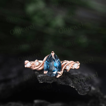 Twig pear shaped London blue topaz engagement ring five stone vintage branch leaf rose gold nature inspired diamond wedding ring set women