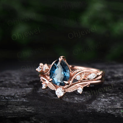 Twig pear shaped London blue topaz engagement ring five stone vintage branch leaf rose gold nature inspired diamond wedding ring set women