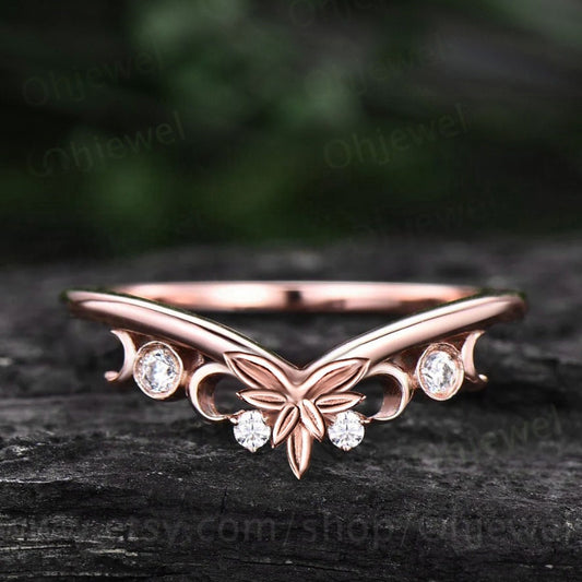 Unique Diamond wedding band solid 14k rose gold vintage dainty leaf wedding ring band women Celtic Knot Norse Viking ring Jewelry gift