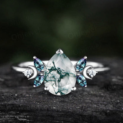 Unique pear shaped green moss agate engagement ring rose gold moon ring vintage art deco ememrald ring women moissnaite wedding ring gift