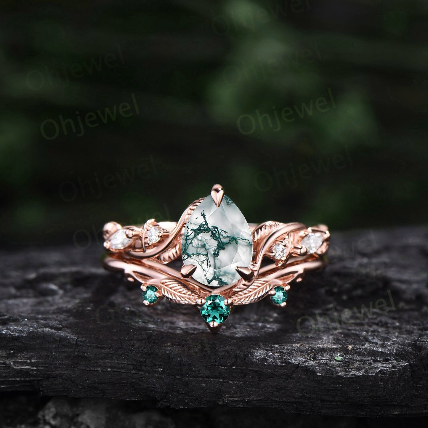 Twig pear shaped moss agate engagement ring five stone vintage branch leaf wedding ring set rose gold nature inspired emerald ring for women
