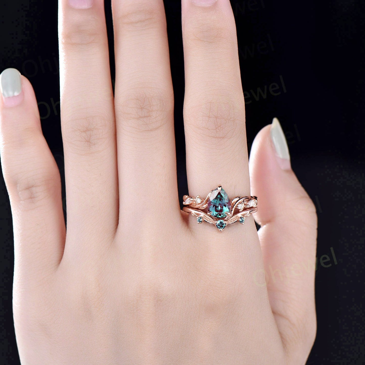 Twig pear shaped Alexandrite engagement ring five stone vintage branch leaf wedding ring set rose gold nature inspired diamond ring women