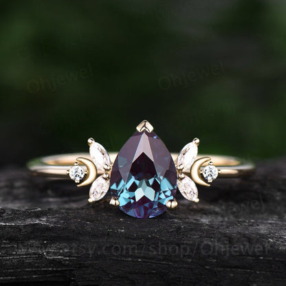 Unique pear shaped alexandrite engagement ring rose gold moon ring vintage art deco amethyst ring women moissnaite promise wedding ring gift