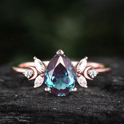 Unique pear shaped alexandrite engagement ring rose gold moon ring vintage art deco amethyst ring women moissnaite promise wedding ring gift