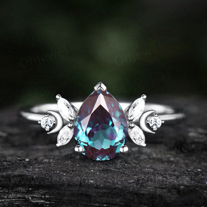 Unique pear shaped alexandrite engagement ring rose gold moon ring vintage art deco amethyst ring women moissnaite promise wedding ring gift