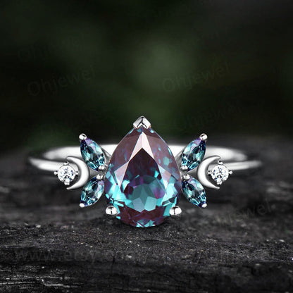Unique pear shaped alexandrite engagement ring rose gold moon ring vintage art deco amethyst ring women moissnaite promise wedding ring gift