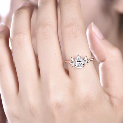 Pear shaped moissanite engagement ring art deco 14k rose gold ring women cluster diamond ring vintage moon ring unique promise ring for her