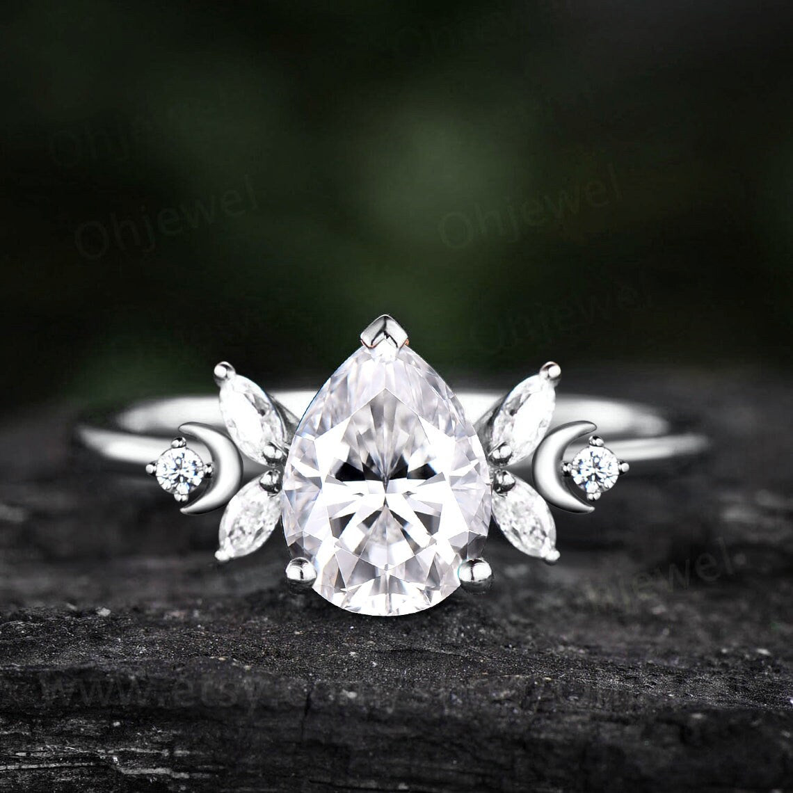 Pear shaped moissanite engagement ring art deco 14k rose gold ring women cluster diamond ring vintage moon ring unique promise ring for her