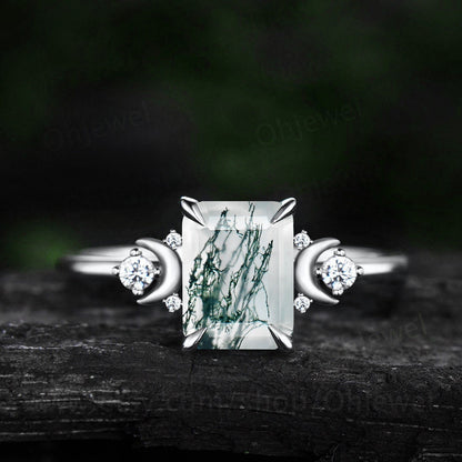 Vintage emerald cut green moss agate ring unique engagement ring rose gold moon ring dainty cluster alexandrite ring for women anniversary