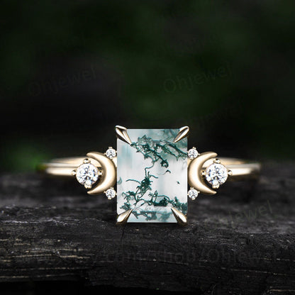 Vintage emerald cut green moss agate ring unique engagement ring rose gold moon ring dainty cluster alexandrite ring for women anniversary