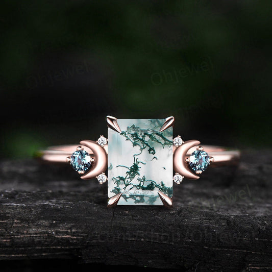 Vintage emerald cut green moss agate ring unique engagement ring rose gold moon ring dainty cluster alexandrite ring for women anniversary