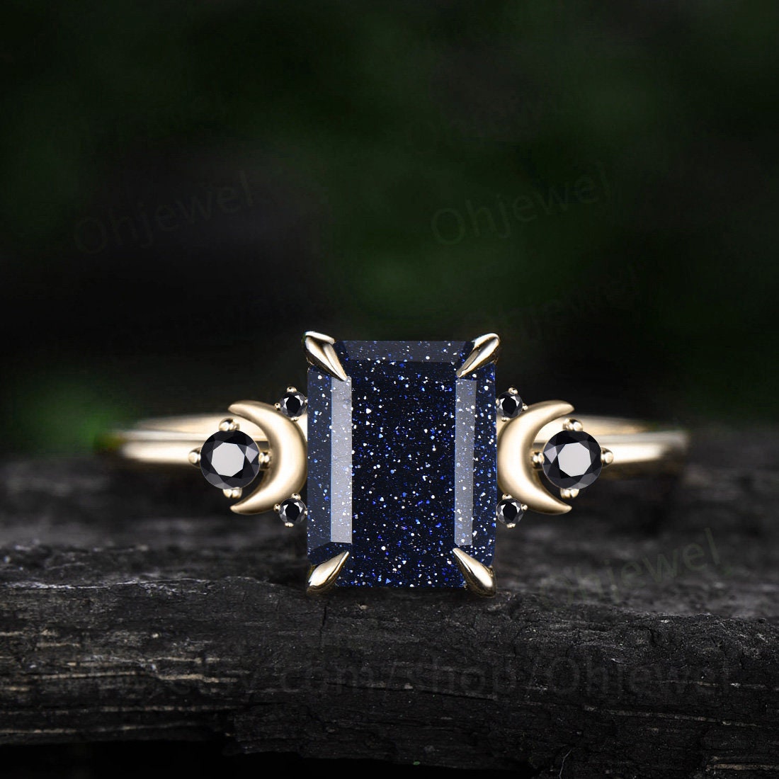 Vintage emerald cut blue sandstone ring unique engagement ring rose gold moon ring cluster sapphire ring dainty anniversary ring for women