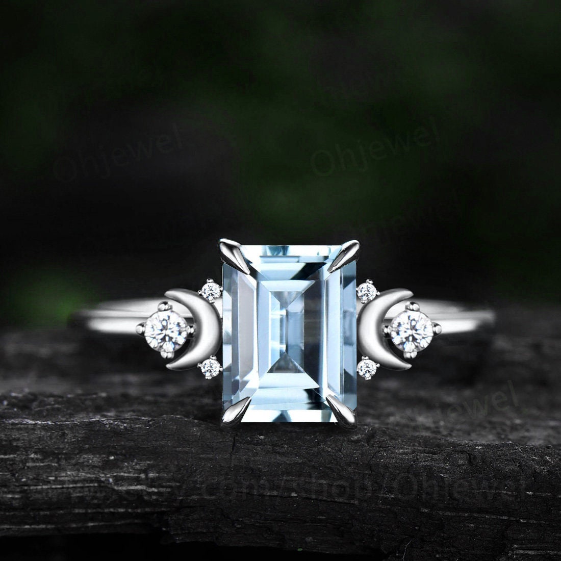 Vintage emerald cut Aquamarine ring unique Aquamarine engagement ring rose gold moon ring cluster diamond promise anniversary ring for women