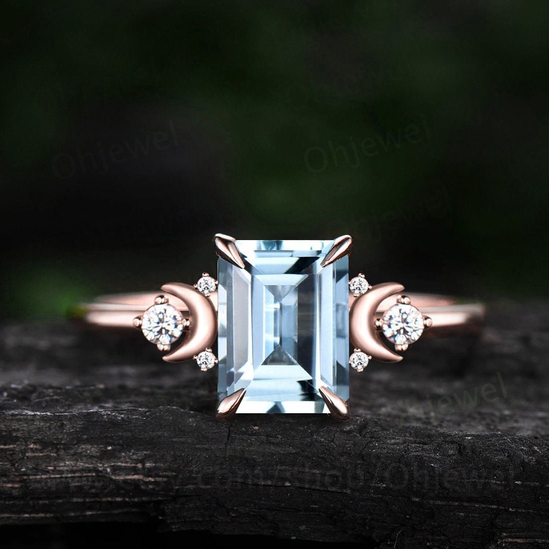 Vintage emerald cut Aquamarine ring unique Aquamarine engagement ring rose gold moon ring cluster diamond promise anniversary ring for women