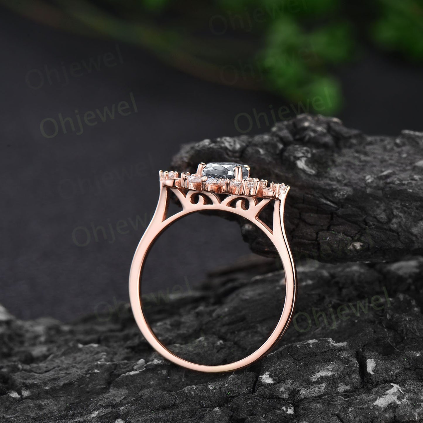 Dainty pear shaped moonstone ring unique engagement ring art deco rose gold vintage style ring halo moissanite anniversary ring women gift