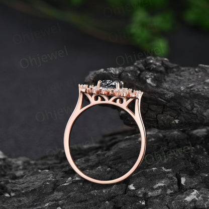 Dainty pear shaped black rutilated quartz ring unique engagement ring rose gold vintage style ring halo moissanite anniversary ring women