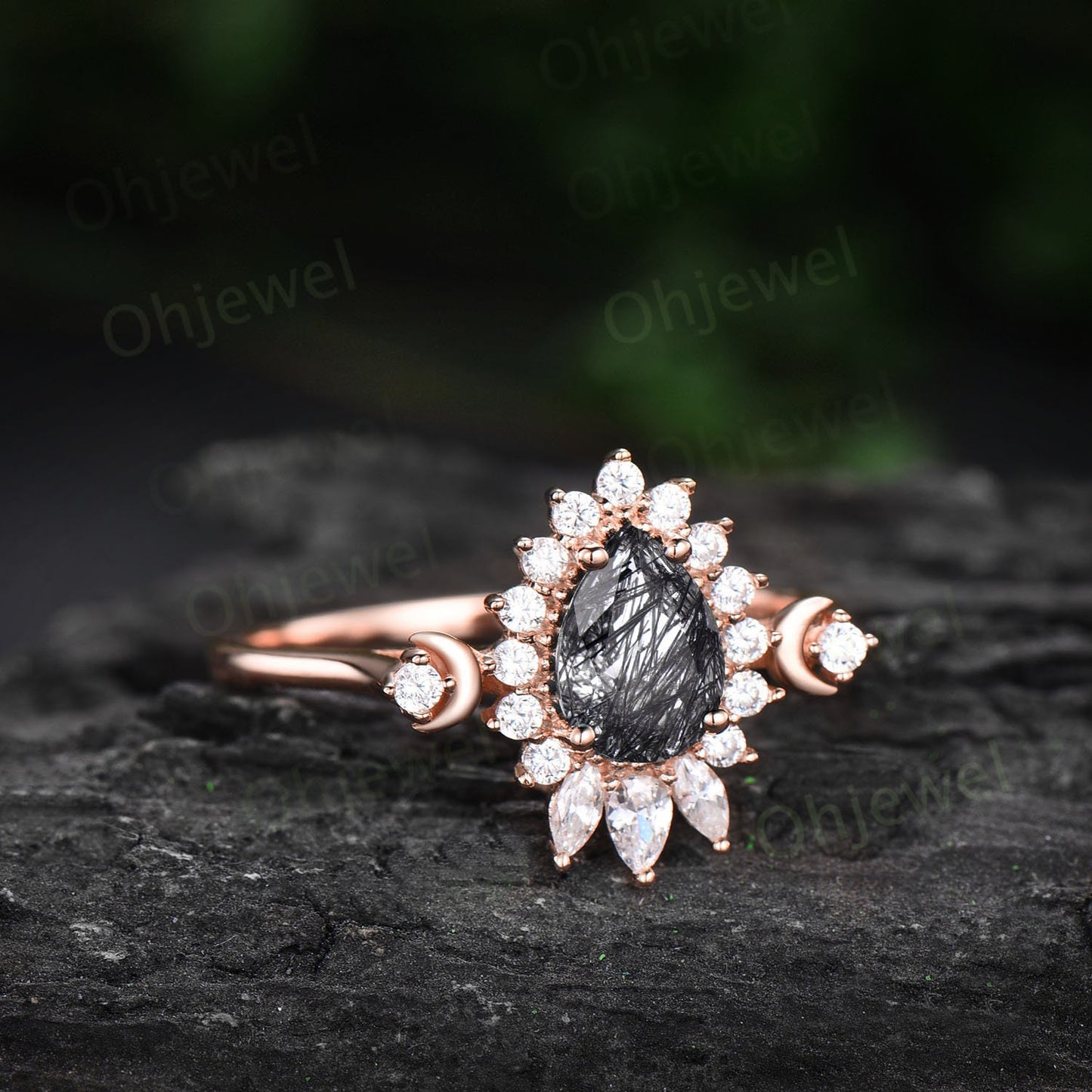 Dainty pear shaped black rutilated quartz ring unique engagement ring rose gold vintage style ring halo moissanite anniversary ring women