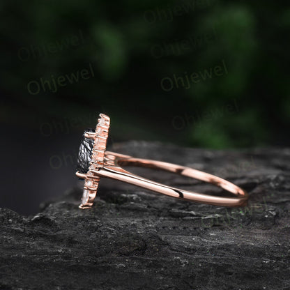 Dainty pear shaped black rutilated quartz ring unique engagement ring rose gold vintage style ring halo moissanite anniversary ring women