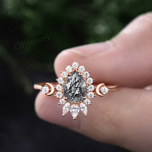 Dainty pear shaped black rutilated quartz ring unique engagement ring rose gold vintage style ring halo moissanite anniversary ring women