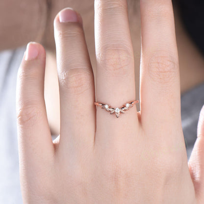 Leaf twig diamond wedding band three stone 14k rose gold ring stacking nature inspired  curved moissanite wedding ring band women gift