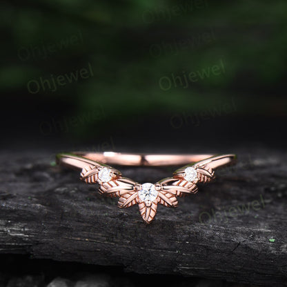 Leaf twig diamond wedding band three stone 14k rose gold ring stacking nature inspired  curved moissanite wedding ring band women gift