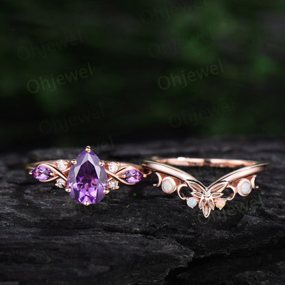 Pear shaped Amethyst ring vintage unique Amethyst engagement ring set cluster rose gold opal ring leaf Celtic knot wedding ring set women