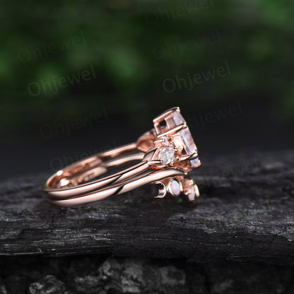 Pear shaped Rose quartz ring vintage unique Rose quartz engagement ring cluster rose gold opal ring leaf Celtic knot wedding ring set women