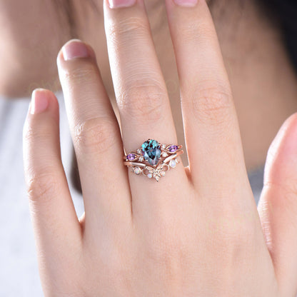 Pear shaped Alexandrite ring vintage unique Alexandrite engagement ring cluster rose gold opal ring leaf Celtic knot wedding ring set women
