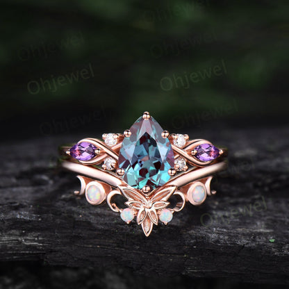 Pear shaped Alexandrite ring vintage unique Alexandrite engagement ring cluster rose gold opal ring leaf Celtic knot wedding ring set women