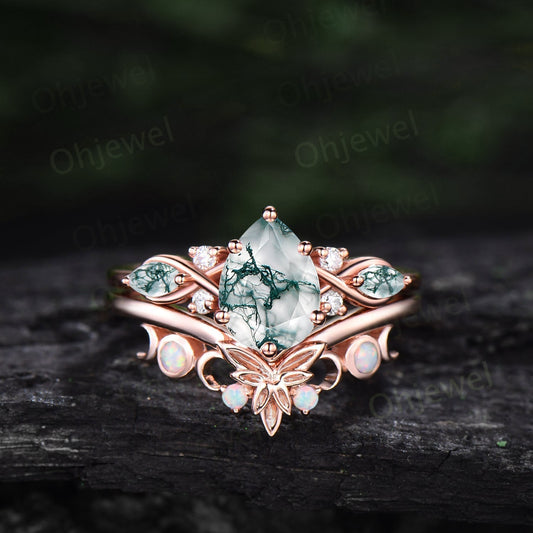 Pear shaped green moss agate ring vintage unique engagement ring art deco rose gold leaf moon opal ring women twisted promise ring set gift