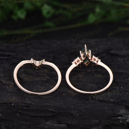 Green moss agate ring vintage kite cut moss agate engagement ring set Minimalist dainty rose gold ring diamond anniversary ring set women