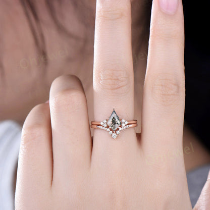Green moss agate ring vintage kite cut moss agate engagement ring set Minimalist dainty rose gold ring diamond anniversary ring set women